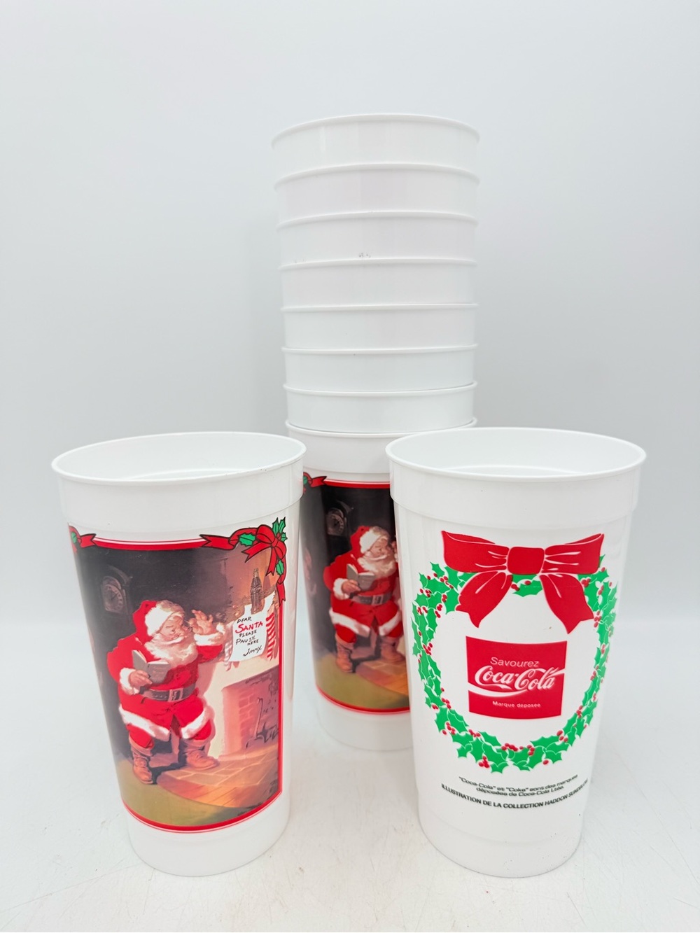 Vintage Coca Cola Holiday Santa Plastic Cups - festive Coke tall cups